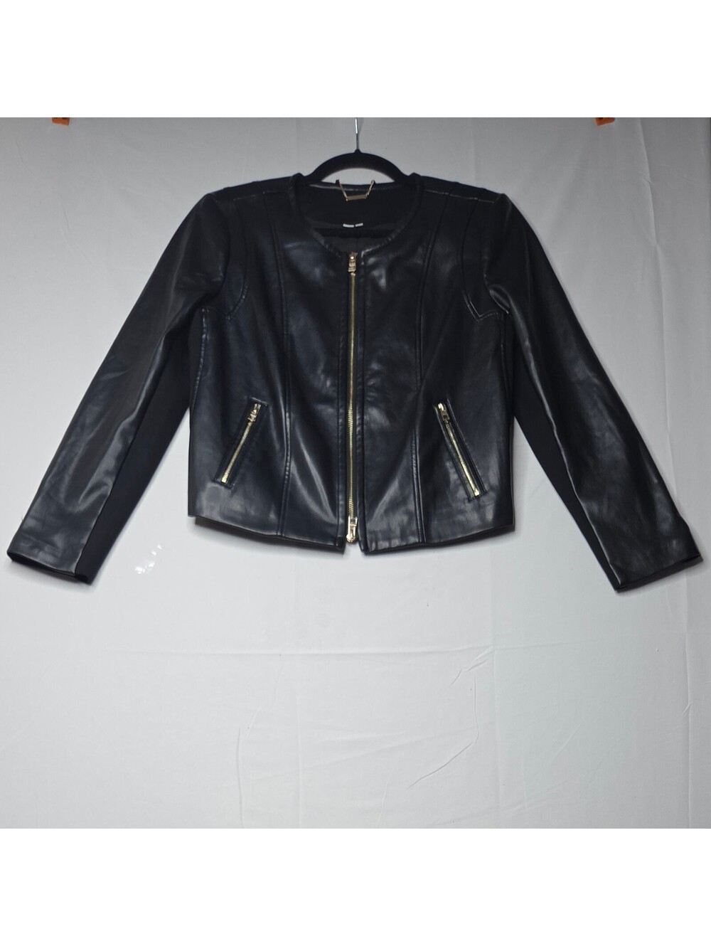 Chico’s Collarless Faux Leather Jacket Black Gold Hardware NWOT Size 1 (US 8)